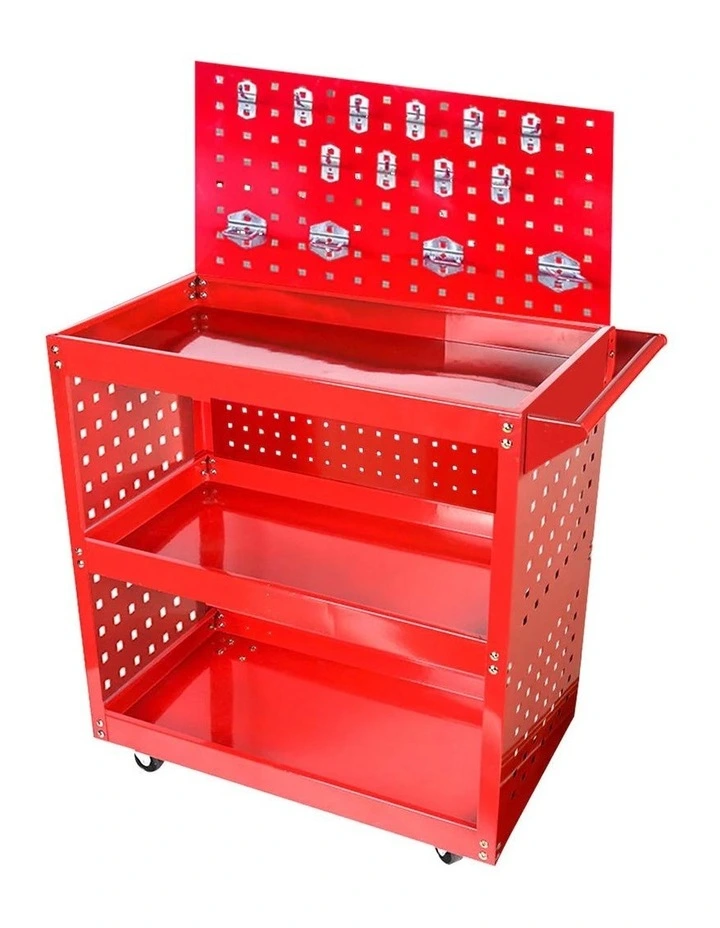 SOGA 3 Tier Tool Storage Cart Heavy Duty Mobile Utility Trolley with Drawer & Hooks Red image 1