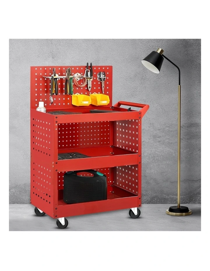 SOGA 3 Tier Tool Storage Cart Heavy Duty Mobile Utility Trolley with Drawer & Hooks Red image 3