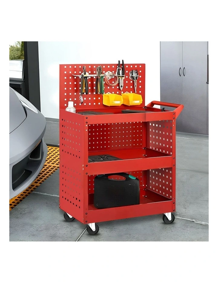 SOGA 3 Tier Tool Storage Cart Heavy Duty Mobile Utility Trolley with Drawer & Hooks Red image 4