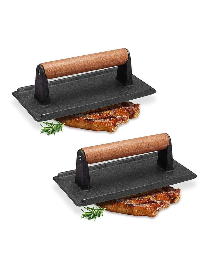 SOGA 2X Cast Iron Steak and Bacon Press with Wooden Handle image 1