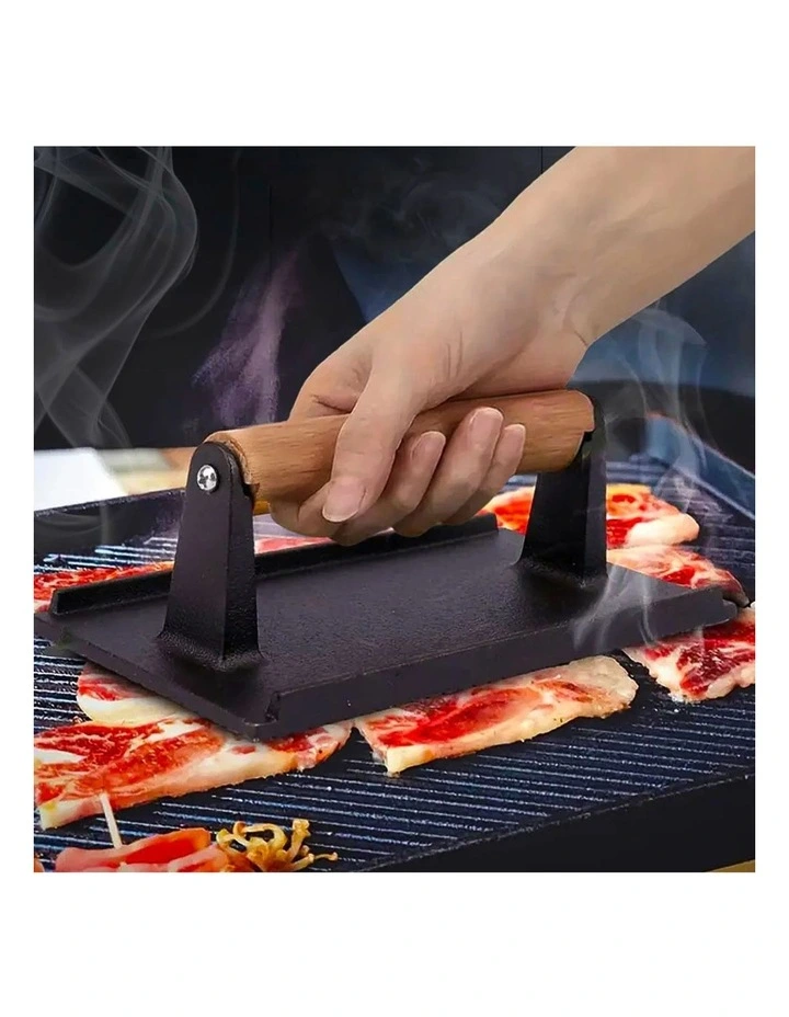 SOGA 2X Cast Iron Steak and Bacon Press with Wooden Handle image 2