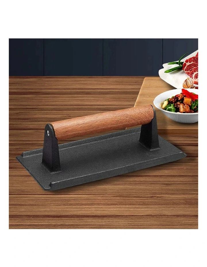 SOGA 2X Cast Iron Steak and Bacon Press with Wooden Handle image 3