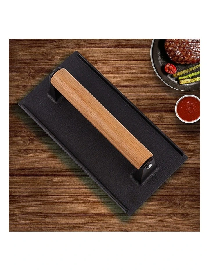 SOGA 2X Cast Iron Steak and Bacon Press with Wooden Handle image 4