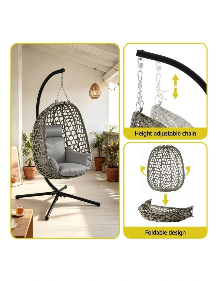 Gardeon Outdoor Swing Chair with Stand Cushion Rattan Furniture Grey image 4