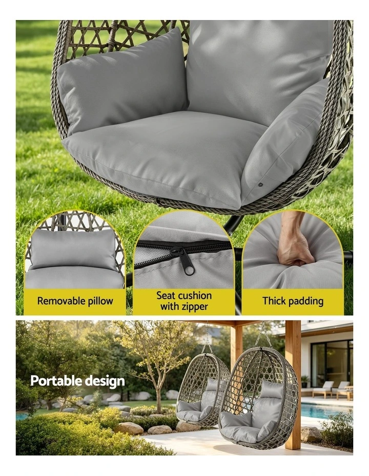Gardeon Outdoor Swing Chair with Stand Cushion Rattan Furniture Grey image 5