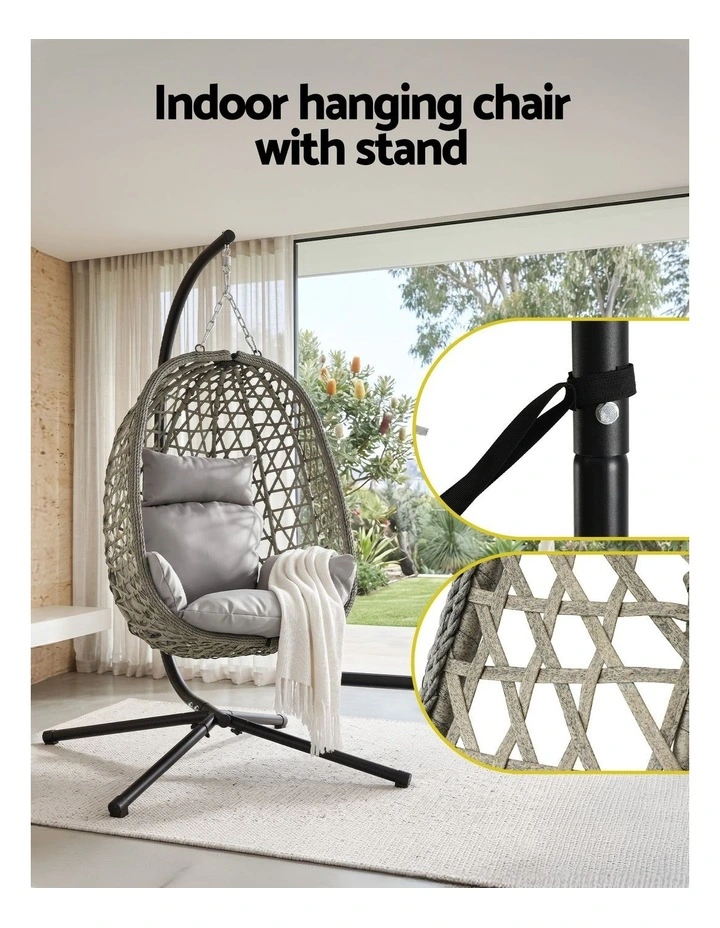 Gardeon Outdoor Swing Chair with Stand Cushion Rattan Furniture Grey image 6