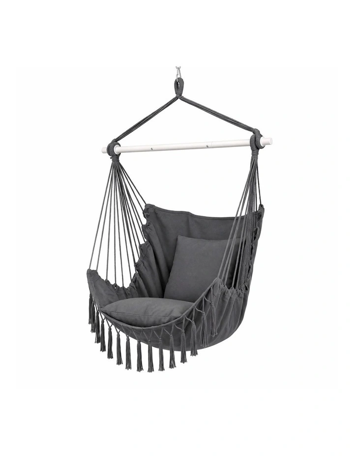 Gardeon Hammock Chair Camping Macrame Hanging Swing Cushions Metal Bar Grey image 1
