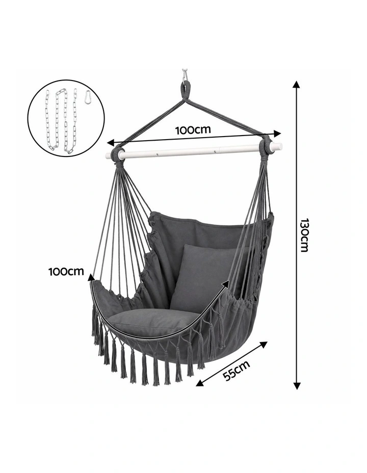 Gardeon Hammock Chair Camping Macrame Hanging Swing Cushions Metal Bar Grey image 2