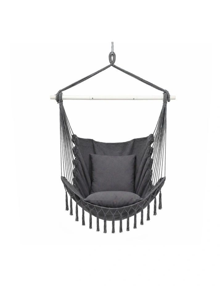 Gardeon Hammock Chair Camping Macrame Hanging Swing Cushions Metal Bar Grey image 3