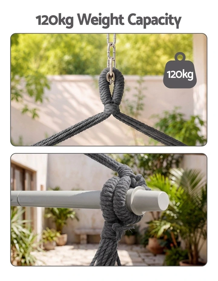 Gardeon Hammock Chair Camping Macrame Hanging Swing Cushions Metal Bar Grey image 4