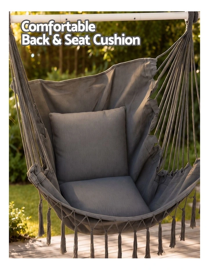 Gardeon Hammock Chair Camping Macrame Hanging Swing Cushions Metal Bar Grey image 6