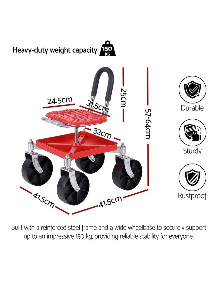 Gardeon Garden Cart Seat Rolling Stool 360 Swivel Height Adjustable Heavy Duty Red image 2