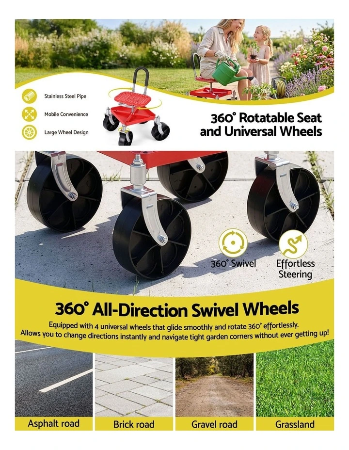 Gardeon Garden Cart Seat Rolling Stool 360 Swivel Height Adjustable Heavy Duty Red image 4