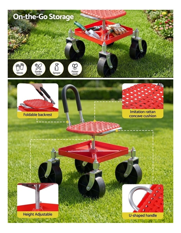 Gardeon Garden Cart Seat Rolling Stool 360 Swivel Height Adjustable Heavy Duty Red image 5