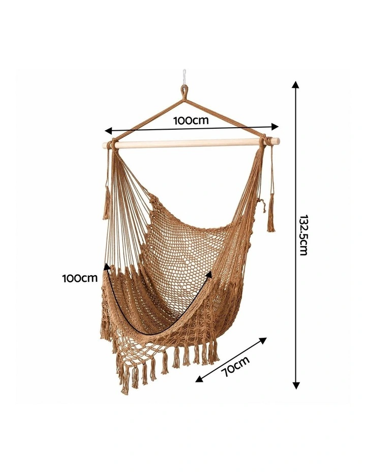 Gardeon Hammock Chair Camping Hanging Chair with Spreader Bar Tassels Brown image 2