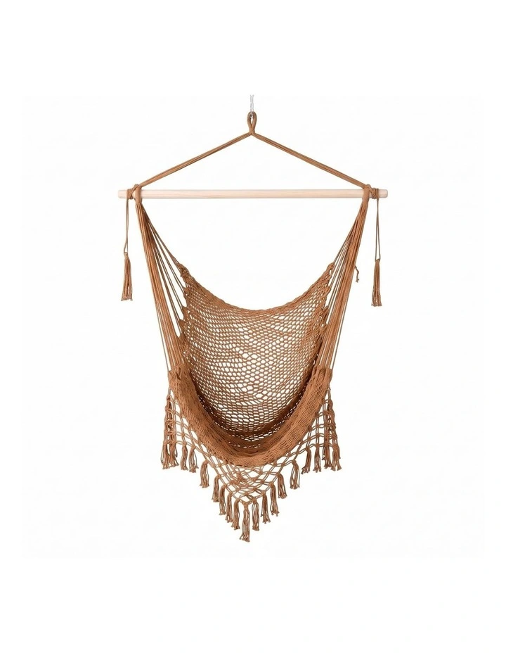 Gardeon Hammock Chair Camping Hanging Chair with Spreader Bar Tassels Brown image 3