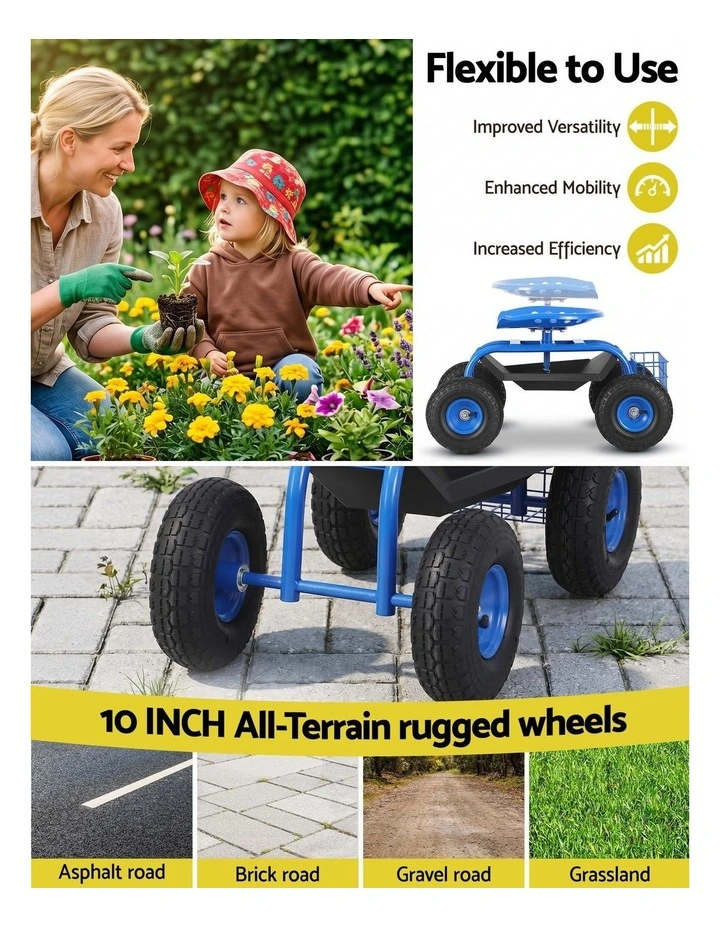 Gardeon Garden Seat with Wheels 360 Swivel Adjustable Height Rolling Stool 150kg image 4
