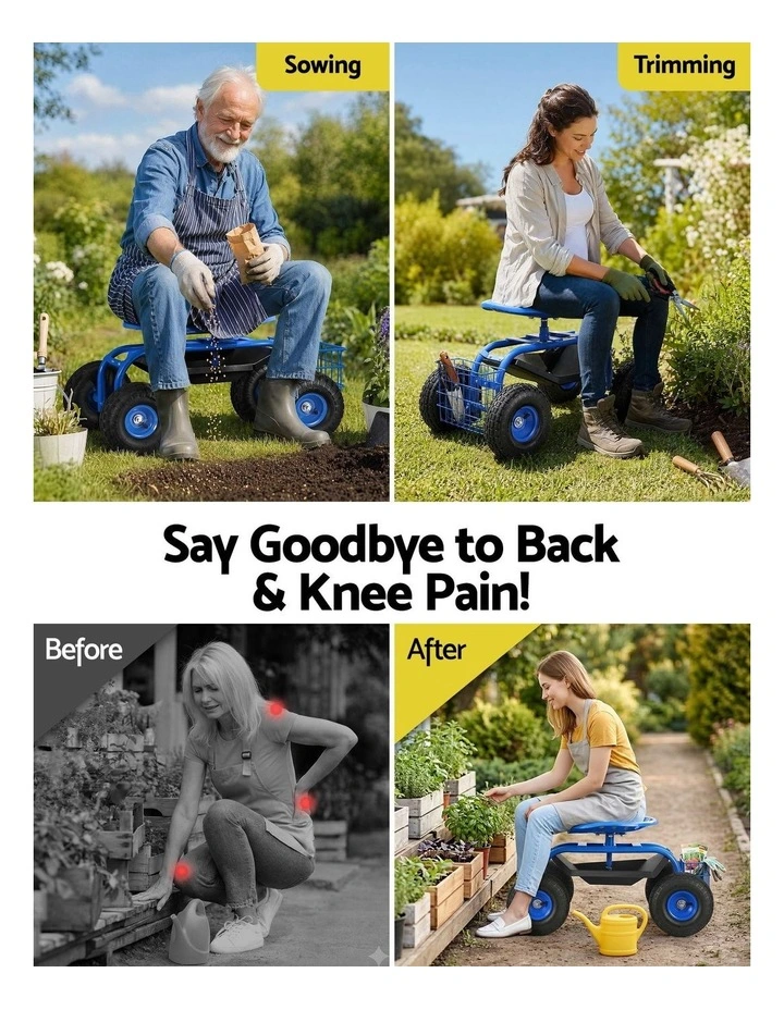 Gardeon Garden Seat with Wheels 360 Swivel Adjustable Height Rolling Stool 150kg image 6