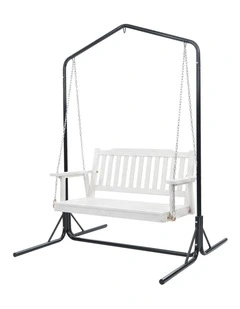 Gardeon Wooden 2-Seater Outdoor Swing Chair with Black Stand White Hanging Chair