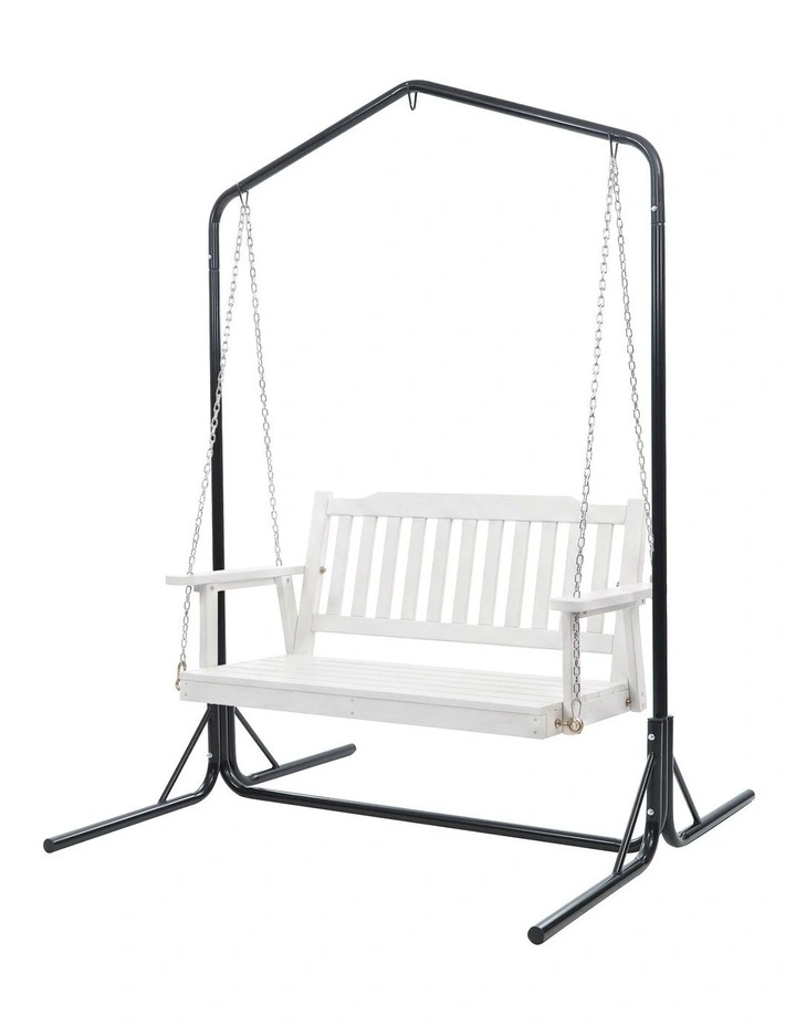 Gardeon Wooden 2-Seater Outdoor Swing Chair with Black Stand White Hanging Chair image 1
