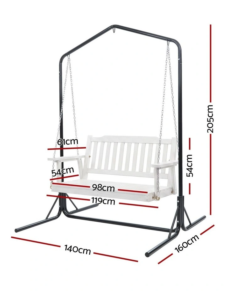 Gardeon Wooden 2-Seater Outdoor Swing Chair with Black Stand White Hanging Chair image 2