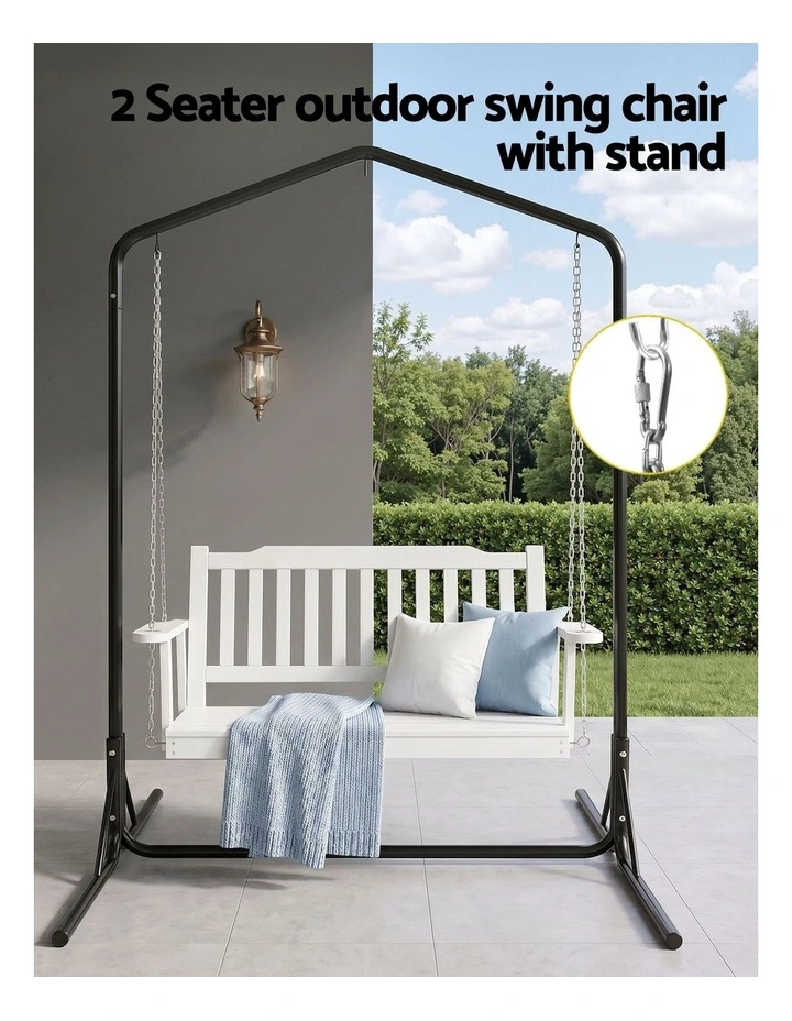 Gardeon Wooden 2-Seater Outdoor Swing Chair with Black Stand White Hanging Chair image 4