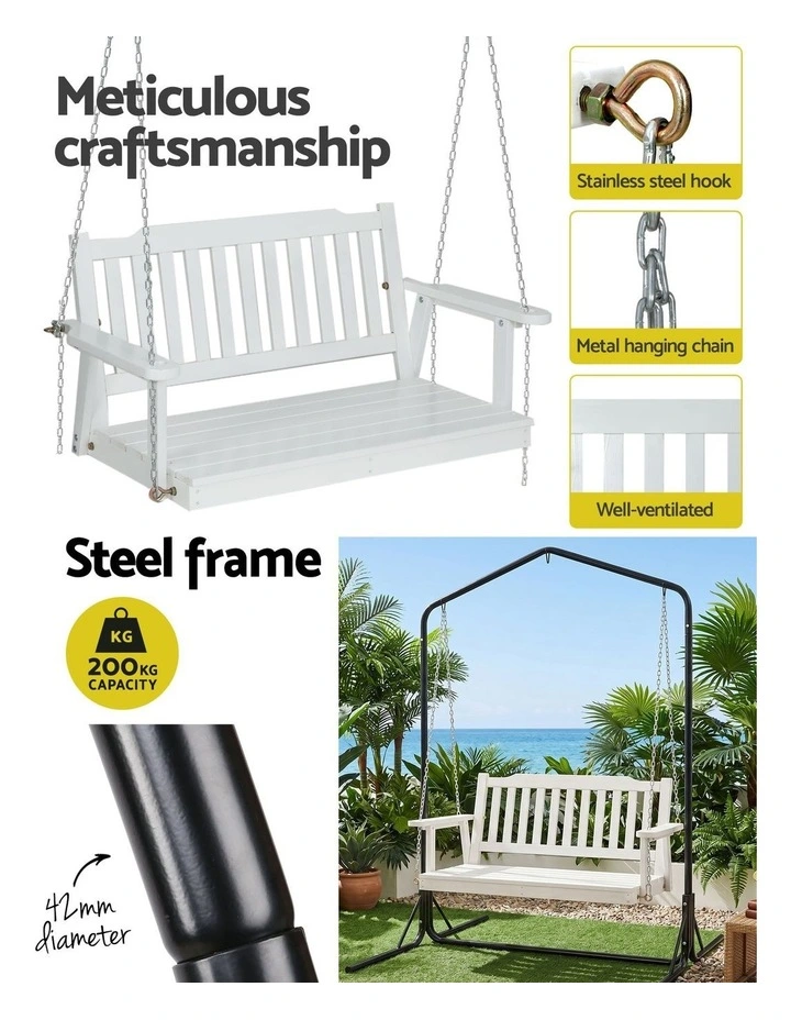 Gardeon Wooden 2-Seater Outdoor Swing Chair with Black Stand White Hanging Chair image 5