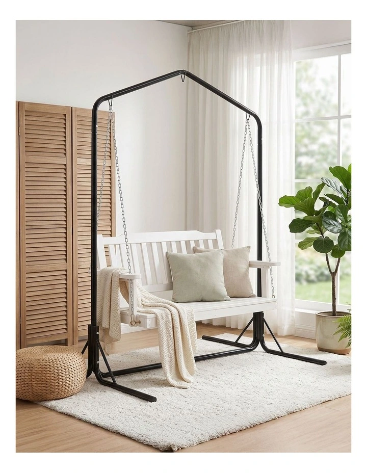 Gardeon Wooden 2-Seater Outdoor Swing Chair with Black Stand White Hanging Chair image 6