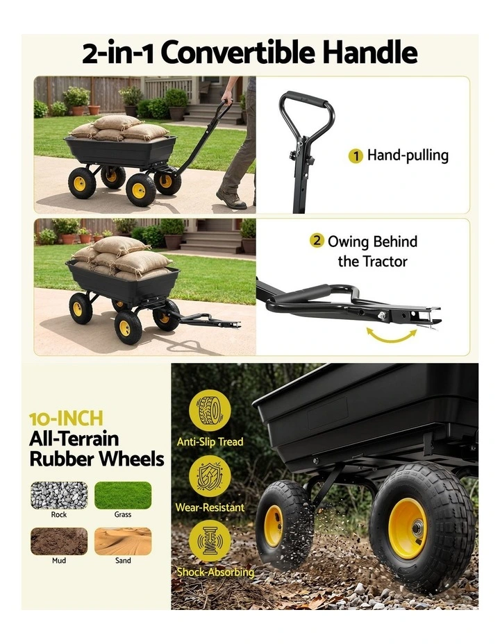 Gardeon Garden Cart Dump Utility Wagon 270kg 2in1 Handle Tractor Trolley 110L with 10in Tyres image 5