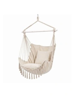 Gardeon Hammock Chair Camping Macrame Hanging Swing Cushions Metal Bar Cream
