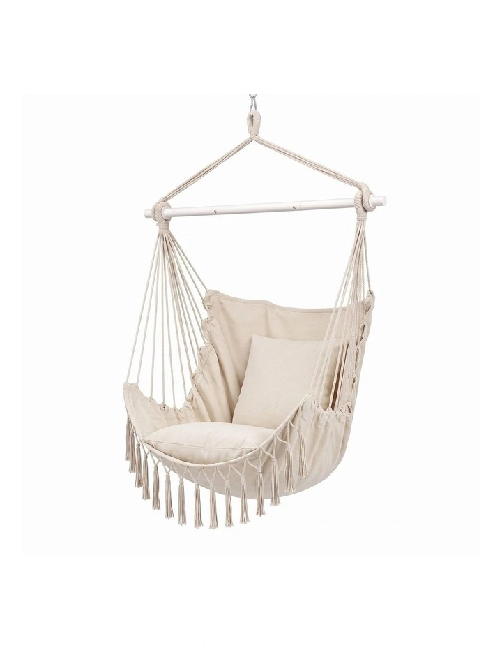 Gardeon Hammock Chair Camping Macrame Hanging Swing Cushions Metal Bar Cream image 1