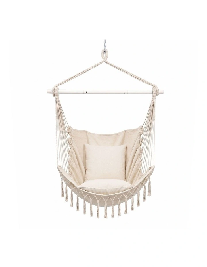 Gardeon Hammock Chair Camping Macrame Hanging Swing Cushions Metal Bar Cream image 3