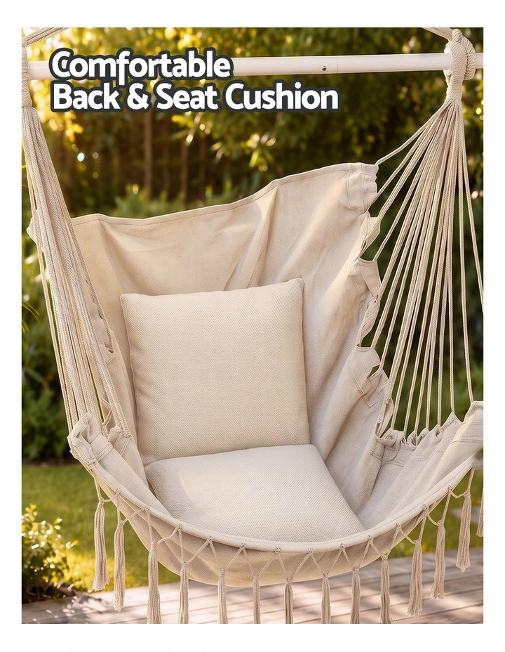 Gardeon Hammock Chair Camping Macrame Hanging Swing Cushions Metal Bar Cream image 6