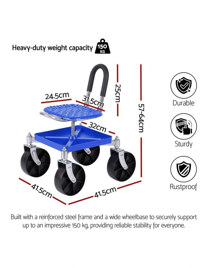 Gardeon Garden Cart Seat Rolling Stool 360 Swivel Height Adjustable Heavy Duty Blue image 2