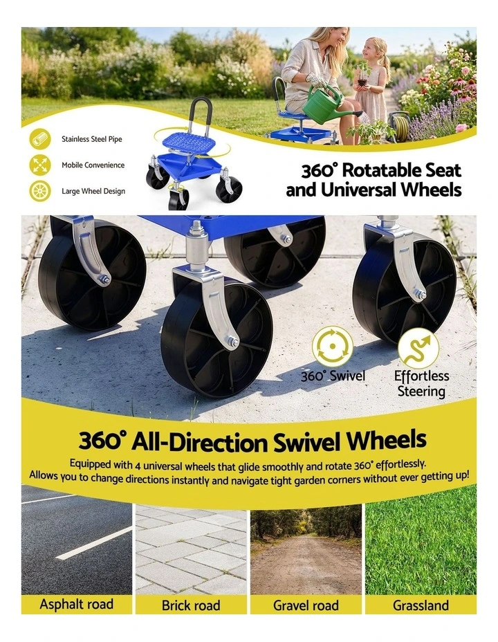 Gardeon Garden Cart Seat Rolling Stool 360 Swivel Height Adjustable Heavy Duty Blue image 4
