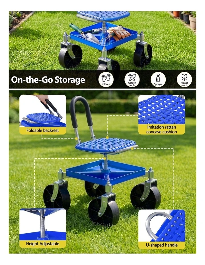 Gardeon Garden Cart Seat Rolling Stool 360 Swivel Height Adjustable Heavy Duty Blue image 5