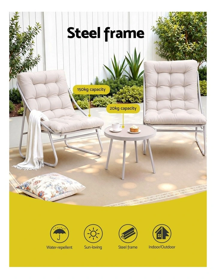 Gardeon 3PC Outdoor Bistro Set Patio Furniture Table and Chairs Steel Dining Chair Khaki image 4