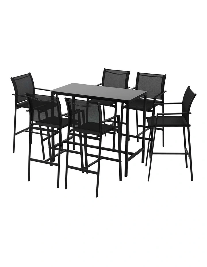 Gardeon 7PCS Outdoor Bar Set Stools Dining Chairs Table Patio Steel Bistro Set Black image 1