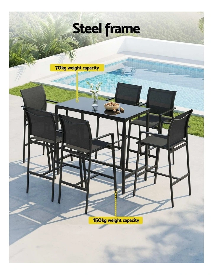 Gardeon 7PCS Outdoor Bar Set Stools Dining Chairs Table Patio Steel Bistro Set Black image 4