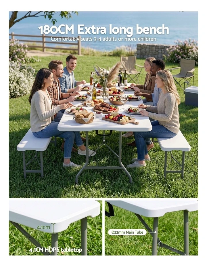 Gardeon 180cm Folding Garden Bench Portable Trestle Seat HDPE Fold In Half White image 4