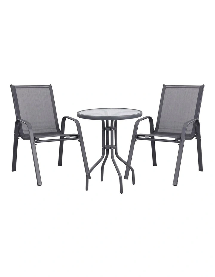 Gardeon 3PC Outdoor Bistro Set Table and Chairs Stackable Patio Furniture Grey image 1
