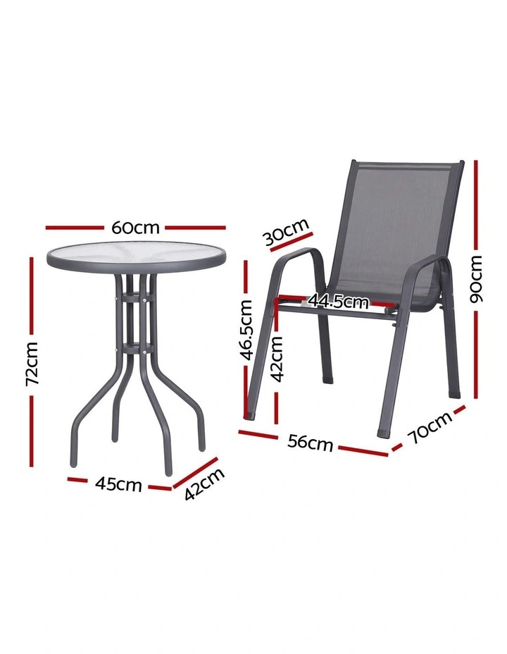 Gardeon 3PC Outdoor Bistro Set Table and Chairs Stackable Patio Furniture Grey image 2