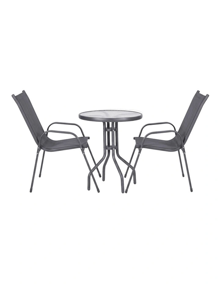 Gardeon 3PC Outdoor Bistro Set Table and Chairs Stackable Patio Furniture Grey image 3