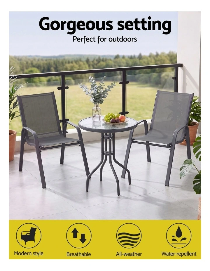 Gardeon 3PC Outdoor Bistro Set Table and Chairs Stackable Patio Furniture Grey image 4