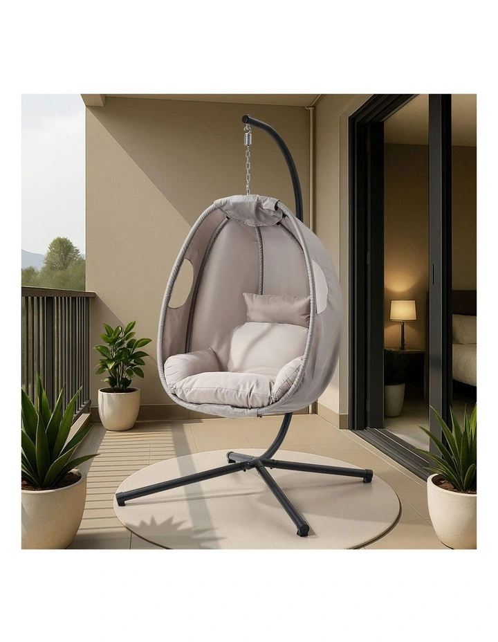 Livsip Outdoor Egg Hanging Chair Swing Seat Furniture with Stand Cushions Grey image 4