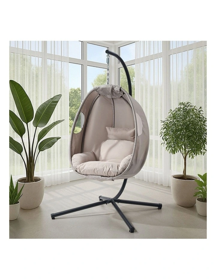 Livsip Outdoor Egg Hanging Chair Swing Seat Furniture with Stand Cushions Grey image 5