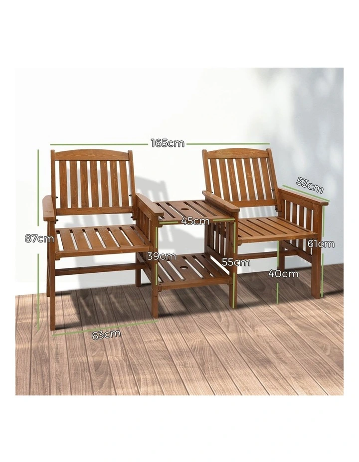 Livsip Wooden Garden Bench 2 Seat Chair & Table Outdoor Patio Furniture Brown image 3