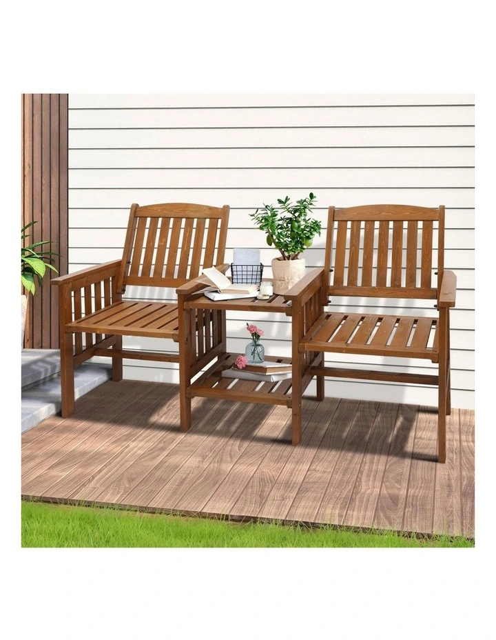 Livsip Wooden Garden Bench 2 Seat Chair & Table Outdoor Patio Furniture Brown image 4