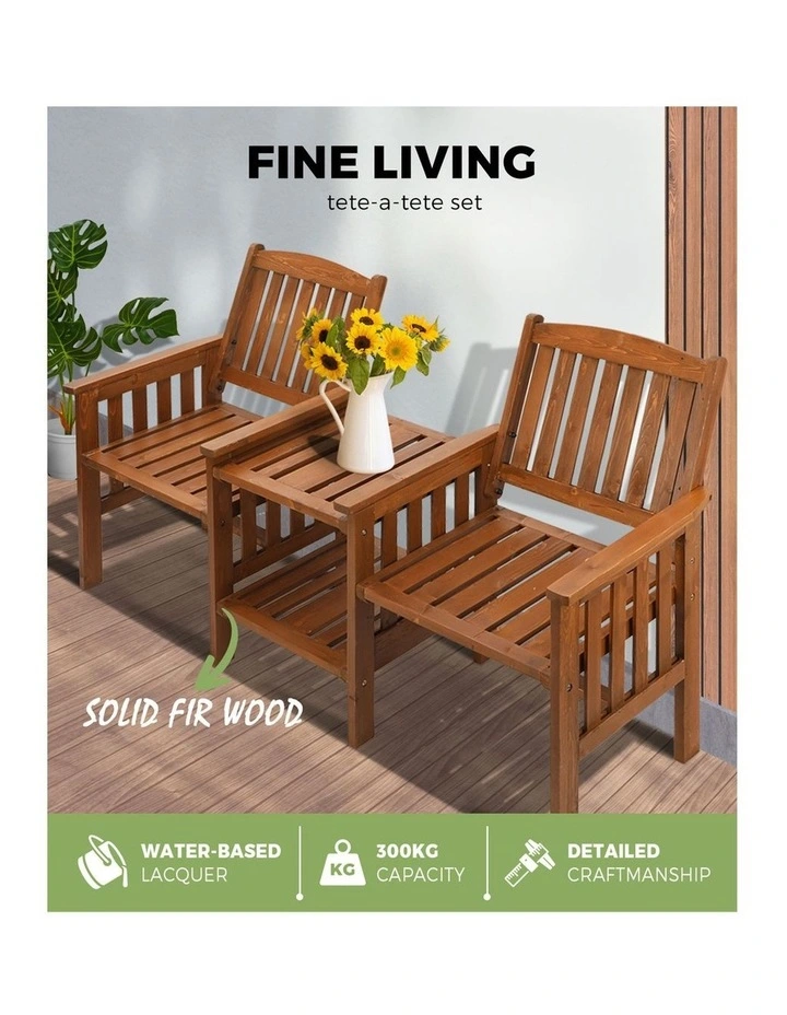 Livsip Wooden Garden Bench 2 Seat Chair & Table Outdoor Patio Furniture Brown image 5