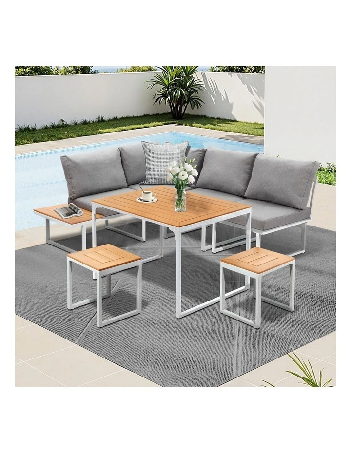Livsip 6 Seater Outdoor Dining Sofa Set Lounge Furniture Patio Stool White image 4